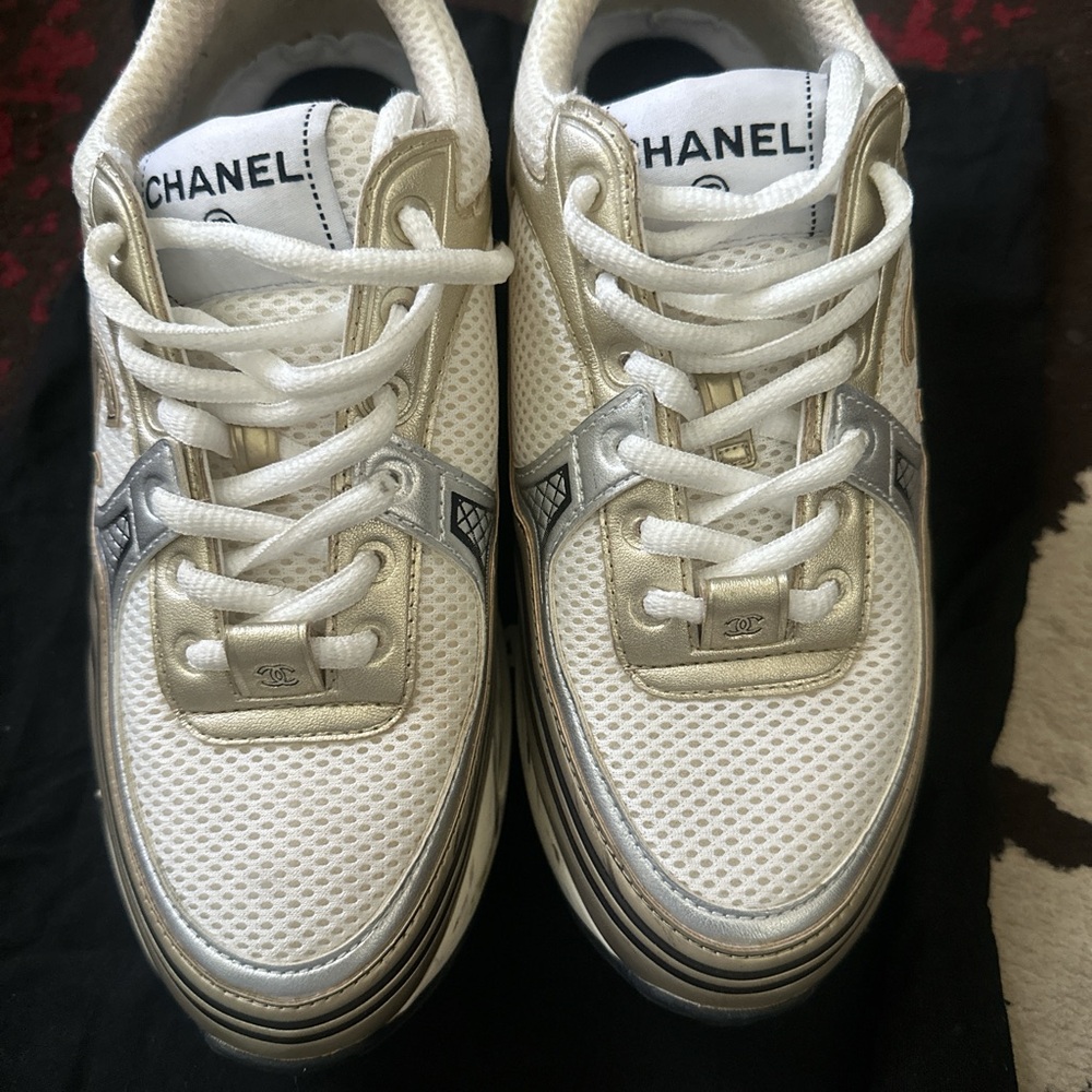 Chanel White and Silver/Gold Sneakers